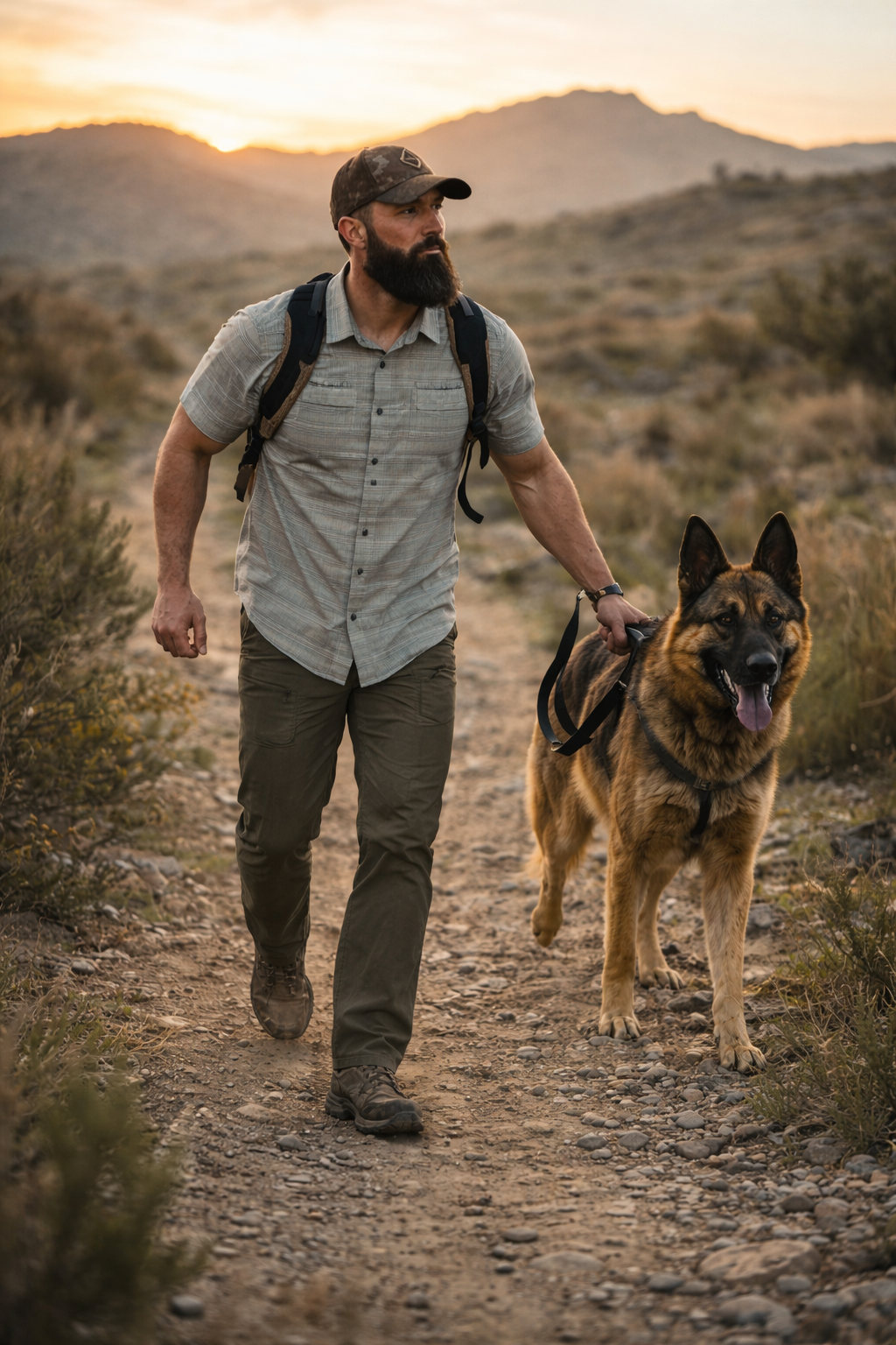Man walking a German Shepherd dog on a trail with mountains in the background