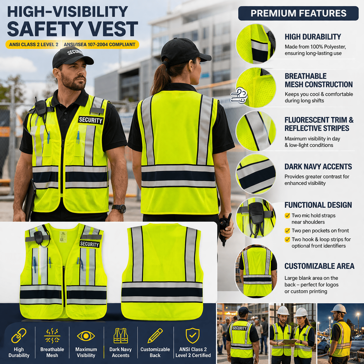 High Visibility Safety Vest for Men – ANSI Class 2 Level 2 Certified, Reflective vest with Pockets, Mic Holder - Neorom - Neorom