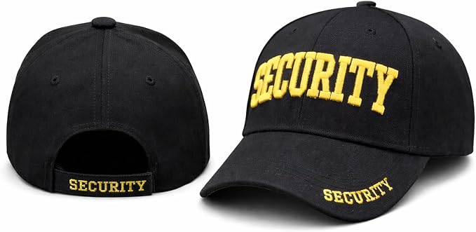 Security Hat Baseball Cap - Embroidered Front, Bill & Back - Adjustable Size - Gold or White Security Front - Neorom-NEOROM