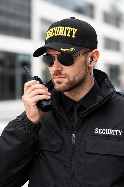 Security Hat Baseball Cap - Embroidered Front, Bill & Back - Adjustable Size - Gold or White Security Front - Neorom-NEOROM